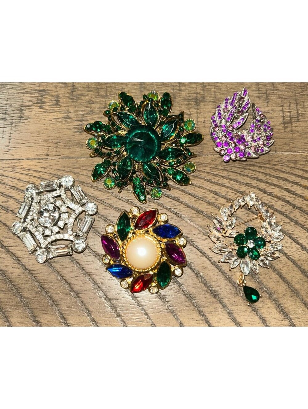Vintage Style Rhinestone Brooch Lot of 5 Colorful Floral Costume Jewelry Pins